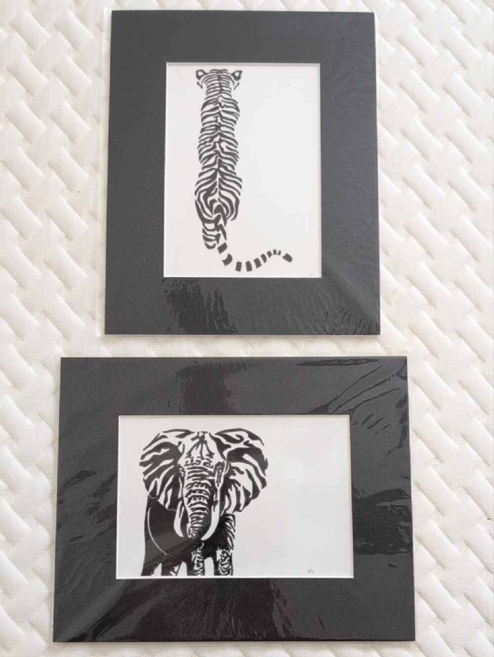 Animal Leather Art Black Mounted Tiger and Elephant Art Prints Bundle of 2 8x10